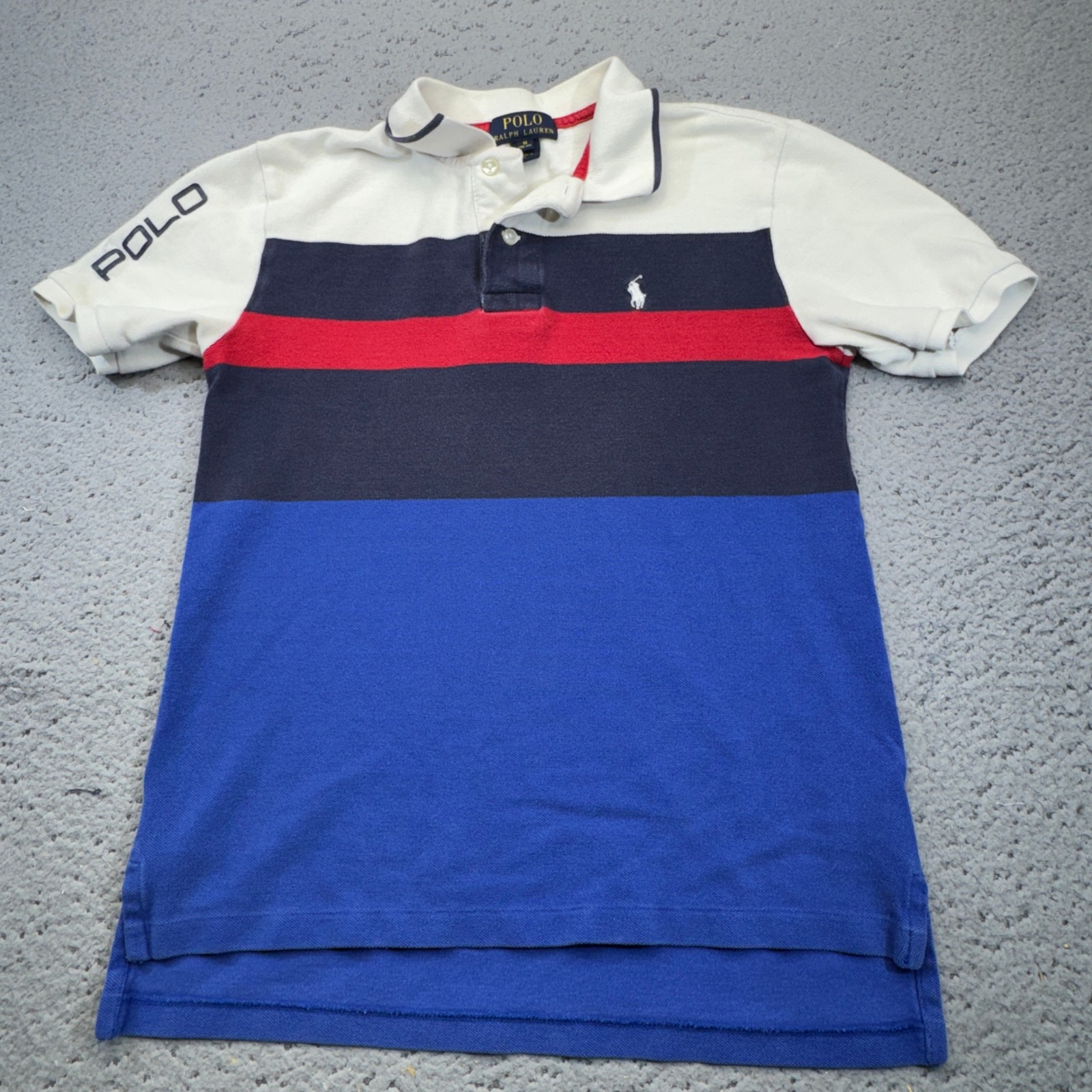 Polo Ralph Lauren Shirt Boys Medium 10-12 Rugby Wide Stripe Pony Spell Out